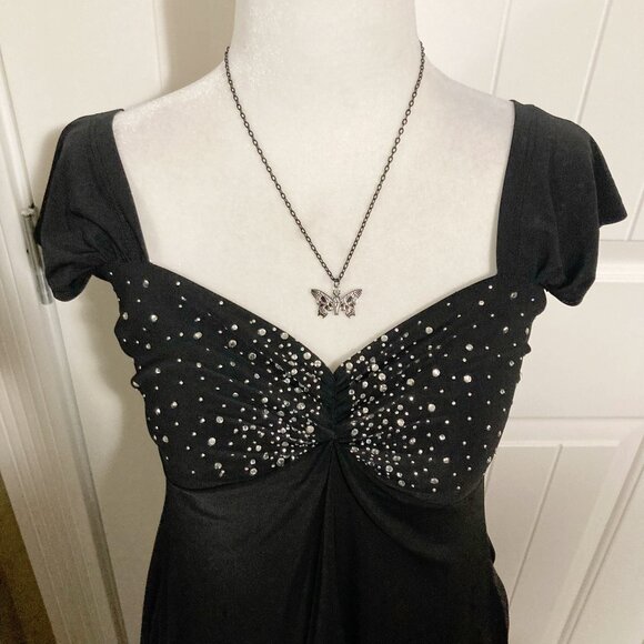 HALEY KELLY FASHION Black waterfall hem top w/ clear rhinestones ~ MEDIUM LARGE - Picture 4 of 14